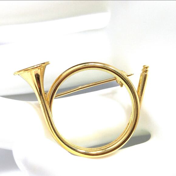 Napier Gold Tone French Horn Brooch 1950s Mid Century Signed Vintage - Picture 10 of 10